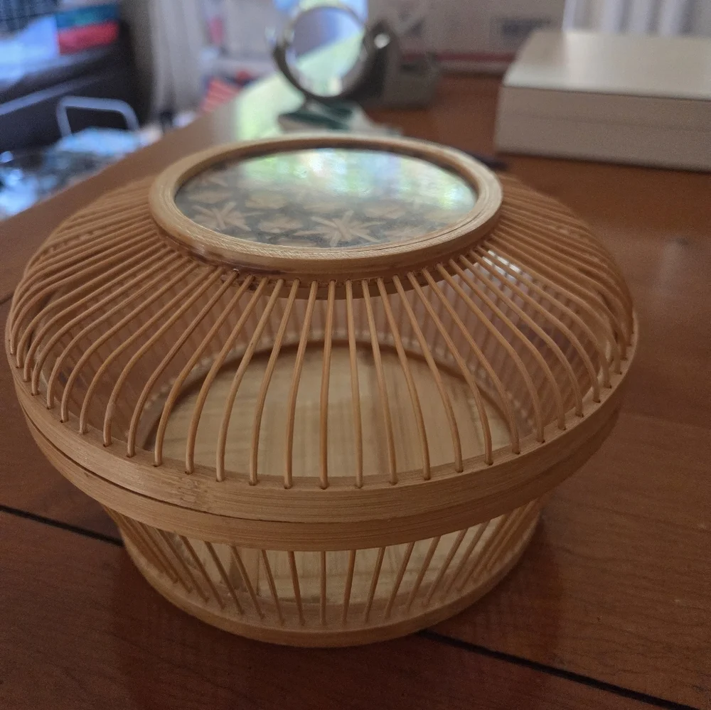 Vintage Bamboo Lucky Cricket Cage Woven Starburst Pattern Protected With Glass